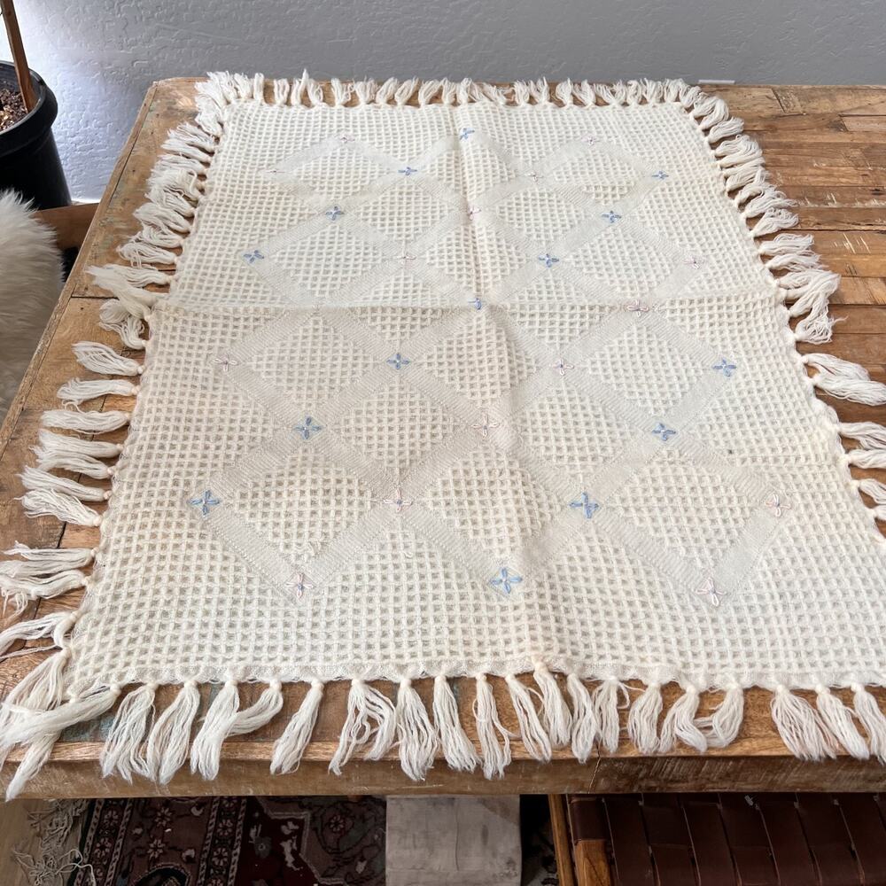 Waffle Knit Baby Blanket 27 x 36" Cream Blue Pink Tasseled Wool Crib Blanket